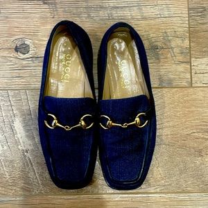 EUC Gucci Dark Bluejean Loafers with Gold Horse Bit, Size 5